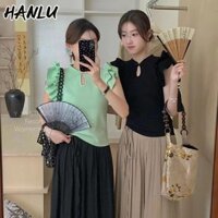 Áo thun nữ phong cách Trung Quốc tay bay phong cách dân tộc Áo crop Top ngắn tay