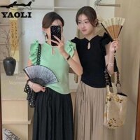 Áo thun nữ phong cách Trung Quốc tay bay phong cách dân tộc Áo crop Top ngắn tay
