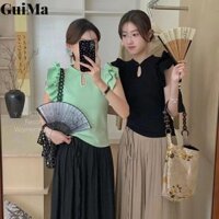 Áo thun nữ phong cách Trung Quốc tay bay phong cách dân tộc Áo crop Top ngắn tay