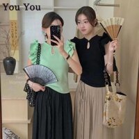 Áo thun nữ phong cách Trung Quốc tay bay phong cách dân tộc Áo crop Top ngắn tay