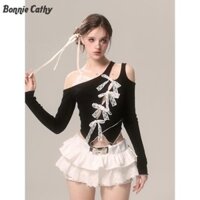 Áo thun nữ ren đen nơ dài tay phong cách Hàn Quốc Hot Girl Top