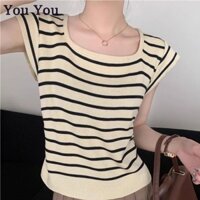 Áo thun nữ sọc dệt kim ngắn tay không tay thường ngày