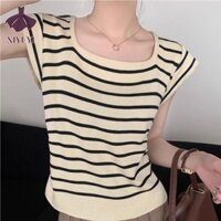 Áo thun nữ sọc dệt kim ngắn tay không tay thường ngày