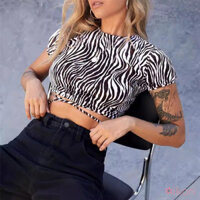 Áo thun nữ sọc ngựa vằn in hình lưng mỏng Áo thun tay ngắn cổ chữ O