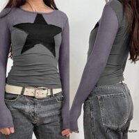 Áo thun nữ Star Patch Tops Slim cổ tròn dài tay thường ngày dạo phố cho mùa thu