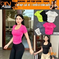 Áo thun nữ tập gym yoga pickleball ngắn tay nhúng hông có mút thun gân 4 chiều BINSPORTS A297