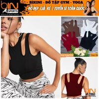 Áo thun nữ tập gym yoga pickleball croptop khoét vai kèm mút thun gân BINSPORTS A236