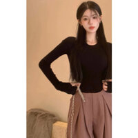 Áo thun nữ tay dài cổ tròn form ôm body, áo nữ dài tay croptop dáng ôm trơn tay xỏ ngón chất thun tăm mát