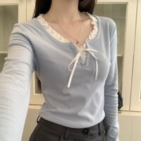 Áo Thun Nữ Tay Dài Hàn Quốc Ren Khâu Ren-Up Hàng Đầu