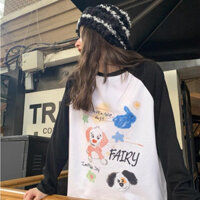 Áo thun nữ tay dài Ragan phối màu form rộng menina_studio, áo thun tay dài nữ  phối màu đen trắng in hình hàn quốc