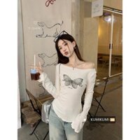 Áo thun nữ tay dài trễ vai Babe tee Ôm body sexy Áo phông thun nữ Ôm dáng Dài tay Hở vai sexy Họa tiết bướm