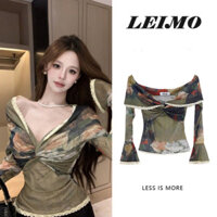 Áo thun nữ tay loe dáng ôm mùa thu phong cách tranh sơn dầu vintage, cổ rộng, vai trễ, nút xoắn