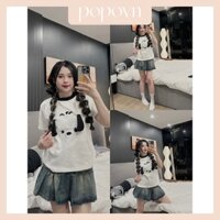 Áo thun nữ tay ngắn cổ tròn họa tiết cún thêu nổi tai chất liệu cotton dày dặn, thoáng mát
