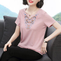 Áo thun nữ tay ngắn dáng rộng dáng ôm hơn trông trung niên Mẹ thêu phong cách dân tộc hàng đầu 1.1