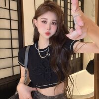 Áo thun nữ tay ngắn dệt kim màu đen phong cách Hàn Quốc