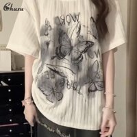 Áo thun nữ tay ngắn in hình bướm Áo thun dáng rộng