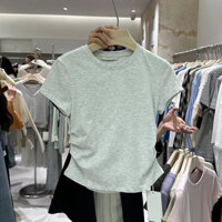 Áo thun nữ tay ngắn không đều kiểu dáng thời trang Dongdaemun, thiết kế mùa hè, phong cách niche, áo ngắn xếp ly, kim và kim GMSQ E9KO