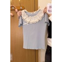 Áo thun nữ tay ngắn nơ 3D YUEWEN, độc đáo, đẹp mắt, ren chắp vá, cổ búp bê, kiểu dáng ngắn với viền cuộn tươi mới