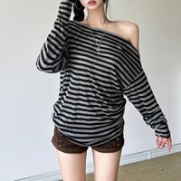 Áo thun nữ trễ vai Dài tay Sọc ngang Áo phông thun lệch vai Kẻ sọc ngang Sexy Thiết kế Hot girl