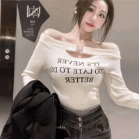 Áo Thun Nữ Trễ Vai Dài Tay Khoét Ngực Phối Chữ Dáng Ôm Trẻ Trung GOSS GA748 Áo Thun Nữ Thu Đông Freesize Dạo Phố Cá Tính