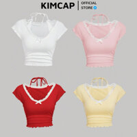 Áo thun nữ viền ren kiểu áo yếm đính nơ - 6 màu (Hàng Auth)