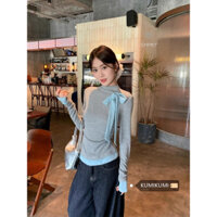 Áo thun nữ YUEWEN Sweet 3D Bowknot, màu sắc khối, dáng ôm