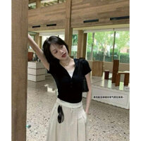 Áo thun ôm body cộc tay dúm eo phối 2 lớp điệu đà