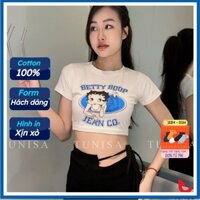 Áo thun ôm body croptop Tunisa cổ tròn tay ngắn hai màu đen trắng in hình Betty cotton co giãn 4 chiều freesize