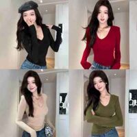 Áo Thun Ôm Body Nữ Form Trơn Basic Tay Dài Cổ Tim, Áo Cổ Tim Dài Tay Chất Thun Tăm Nhiều Màu