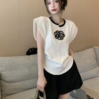 Áo thun phong cách Chanel Pháp Áo thun nữ mùa hè Phong cách mới thon gọn hơn Tính khí Áo thường ngày Quần ống rộng Bộ đồ hai mảnh