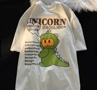 Áo thun phông nam nữ ngắn tay unisex, Áo thun nam cổ tròn cotton fom dáng rộng khủng long con, áo thun cặp đôi, áo thun nhóm - trắng - L