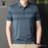 Áo thun Playboy Dad cho nam, tay ngắn, vải lụa băng, mùa hè, áo polo nửa tay bằng cotton nguyên chất cho nam trung niên