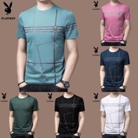 Áo Thun Playboy Tay Ngắn Cổ Tròn Form Rộng Họa Tiết Kẻ Sọc Thời Trang Mùa Hè Cho Nam