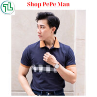 Áo thun polo nam PEPEMAN vải CVC Cao cấp kiểu dệt chặt chẽ, sạch sẽ và độ bền màu xanh đen sọc caro đen trắng cổ áo cam