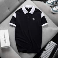 Áo thun polo nam thêu Hươu áo màu trắng phối tay áo màu đen vải cá sấu Cotton CVC cao cấp