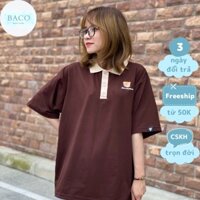 Áo thun polo nữ có cổ BACO, thun tay lỡ form rộng in hình GẤU siêu dễ thương 2 màu be nâu - Nâu
