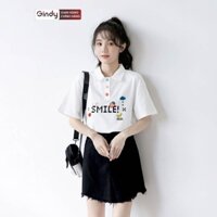 Áo thun polo nữ tay lỡ form rộng GINDY phông có cổ vải cotton thoáng mát phong cách Hàn Quốc unisex A8108