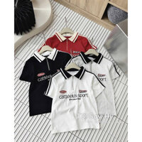 Áo thun polo nữ tay ngắn phối khoá kéo viền kẻ sọc basic