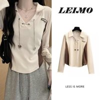 Áo Thun polo Tay Dài Phối Dây Xích Kích Thước Lớn Phong Cách Mùa Thu Mới Dành Cho Bạn Nữ