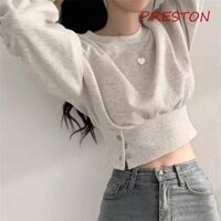 Áo thun PRESTON Y2k, Áo thun dài tay có khóa cổ tròn, Áo thun nữ thời trang Hàn Quốc Crop Top Ngày lễ mùa thu