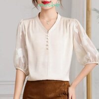 Áo thun ren hoa MOCHO, Lưới trong suốt Áo sơ mi hoa ngọt ngào, Thời trang mỏng cổ chữ V Sheer Tee Áo ngắn tay nữ