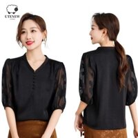 Áo thun ren hoa UTENEW, lưới trong suốt Áo sơ mi hoa ngọt ngào, Áo thun ngắn tay cổ chữ V mỏng thanh lịch dành cho nữ