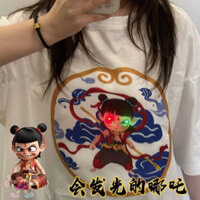 Áo thun sáng tạo Nezha, cặp đôi hài hước, tay ngắn, phim Nezha và hàng hóa, áo thun hoạt hình cha mẹ và con cái, trang phục cặp đôi tay ngắn sáng tạo Nezha