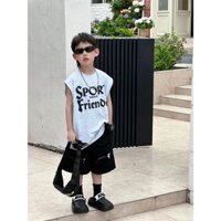 Áo thun sát nách cho bé trai AB883 sz 90-150, áo balỗ rách gấu chữ đen, thời trang trẻ em mùa hè 2024