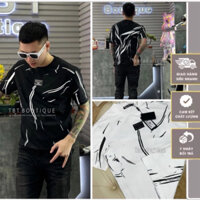 Áo thun siêp cấp logo thực sọc phối nam nữ màu đen màu trắng