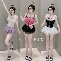 Áo thun tăm 2 dây phối ren đính nơ và chân váy ngắn tơ ánh kim (có lót quần) cực hót cho chị em - sản phẩm mới.