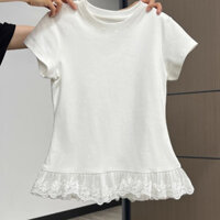 Áo Thun Tăm Cộc Tay Nhún Eo Phối Ren Tầng Cực Xinh