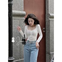 Áo thun tăm cúc bấm cổ vuông, Áo kiểu dài tay dáng ôm sexxy co giãn PC0133 - NhiNhi Shop