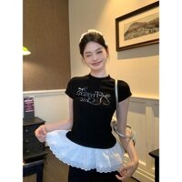 Áo thun tăm nữ co dãn phối bèo đính đá,áo phông nữ mẫu mới điệu đà ,xinh xắn phong cách hàn quốc