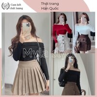 Áo thun tăm trễ vai dài tay co dãn ôm body phong cách tiểu thư Hàn quốc A4